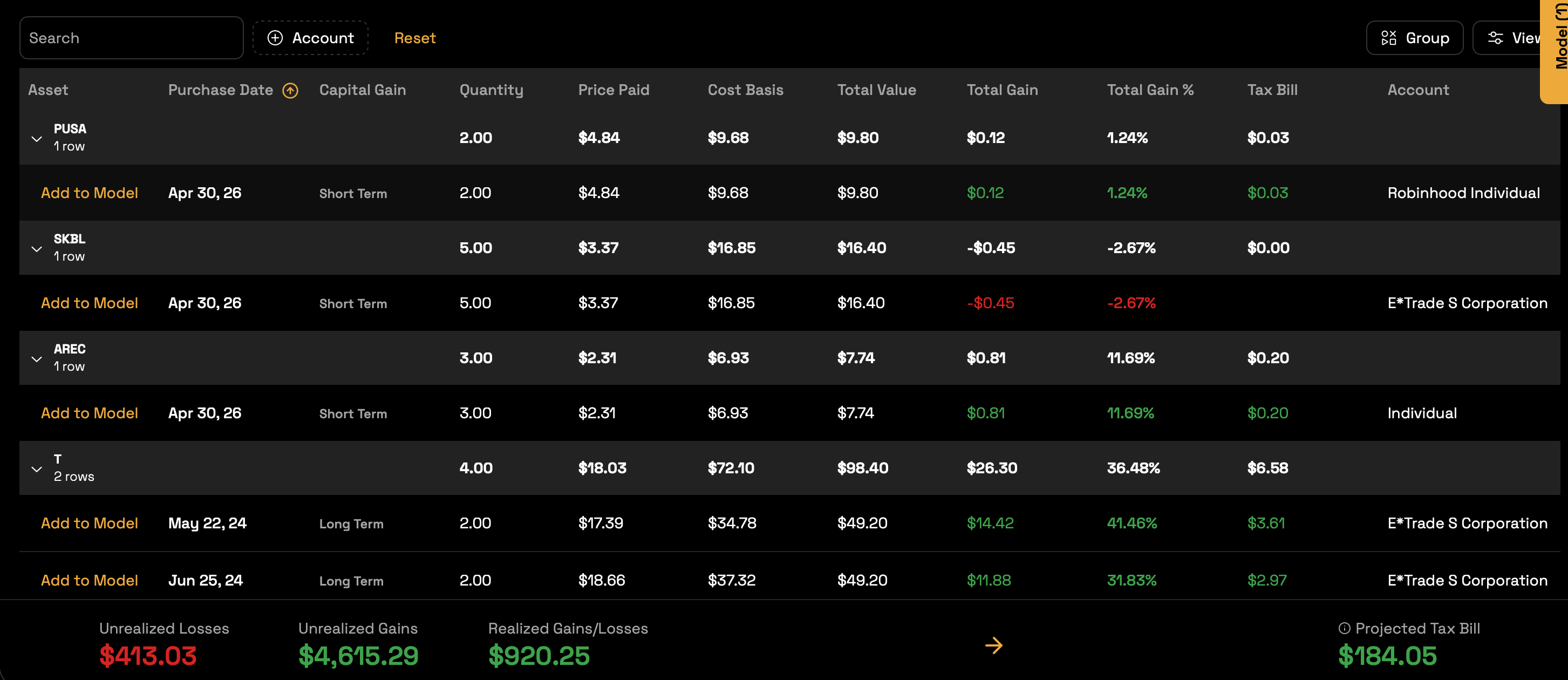 TaxHarvest product interface